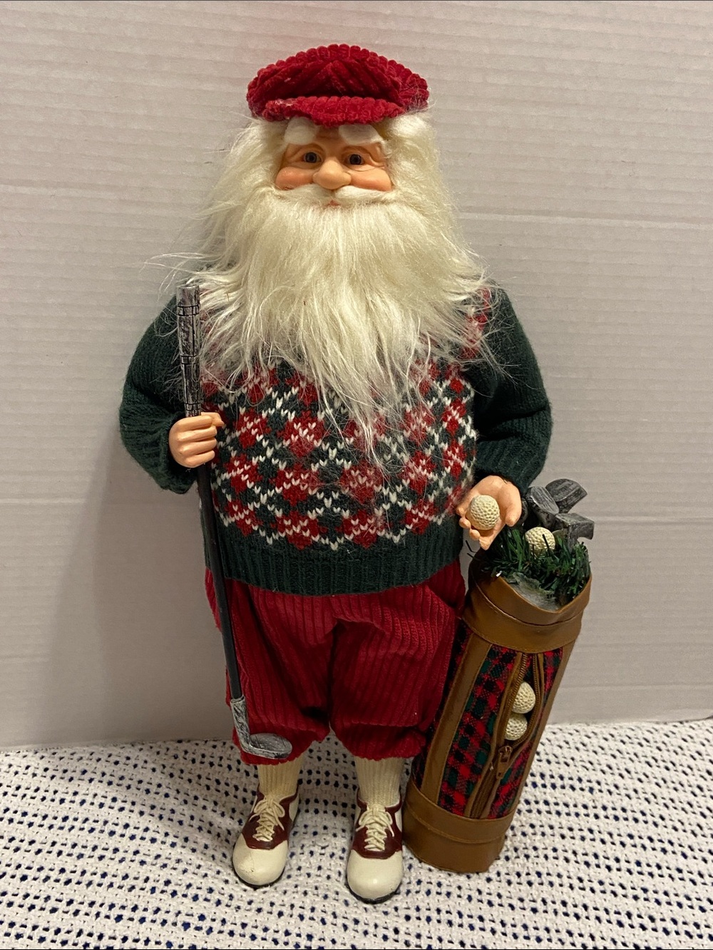 Santa Golf Figurine Red Corduroy Pants & Hat Argyle Sweater Golf Club Bag & Ball
